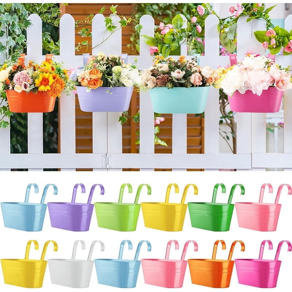 12 Pcs Metal Hanging Flower Pot Railing Planter Multicolor Iron Planter Bucket Holder with Detachable Hooks Fence Hanging Plant Box for Balcony Railing Garden Yard Porch Spring Outdoor Decor