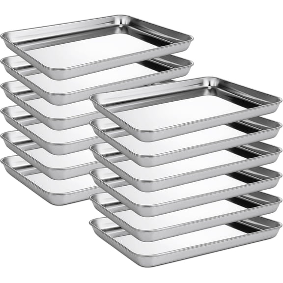 12 Pcs Metal Serving Trays for Food,Baking Sheet Pan Stainless Steel Small Nonstick Cookie Sheet Set Quarter Baking Pan,Toaster Oven and Dishwasher Safe(10 x 8 x 1 Inch)