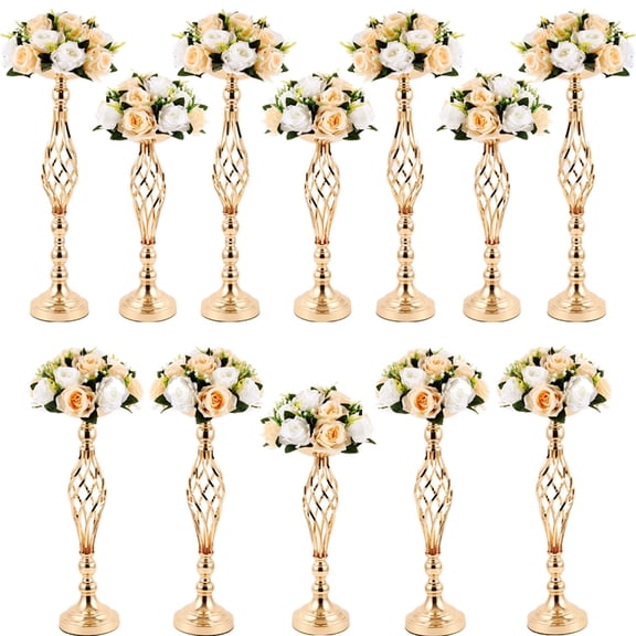 12 Pcs Metal Wedding Flower Stand Bulk Table Centerpieces, Tall Golden Flower Arrangement Vase Candle Holder Stand for Wedding Reception, Birthday, Party, Hotel Decor, Twist Style, 3 Sizes Y101