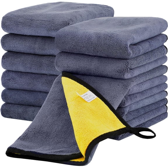 12 Pcs Microfiber Towels for Cars, 800 GSM Plush Drying Cleaning Cloth Bulk, 16 x 16 Inch Thick Absorbent Wash Detailing Towels for Car Polishing, House, Kitchen Cleaning(Yellow and Gray)