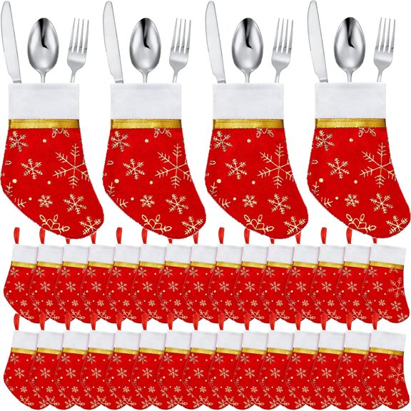 12 Pcs Mini Christmas Stocking 5.5 Inch Christmas Silverware Holder Ornaments Dinner Table Decoration Snowflake Stocking Bulk Utensil Holder Xmas Spoon Knife Fork Bag