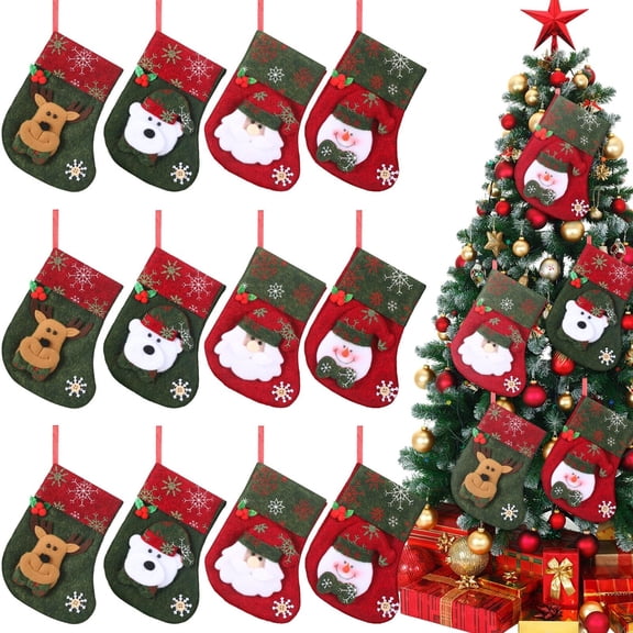 12 Pcs Mini Christmas Stockings Bulk 7" Small Felt Christmas Stockings Snowman Polar Bear Santa Claus Reindeer, Candy for Xmas Tree Fireplace Family Pet Party Favors Gift(Green Red,Snowflake)