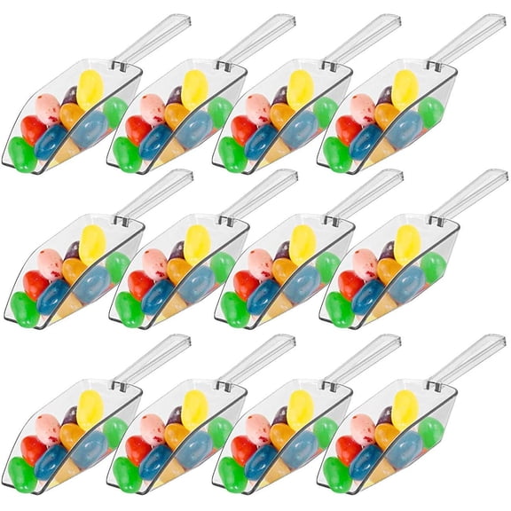 12 Pcs Mini Clear Acrylic Plastic Kitchen Scoops, 5.5" Flat Bottom Ice Scoop for Weddings, Ice, Candy Dessert Buffet, Protein Powders, Coffee, Tea