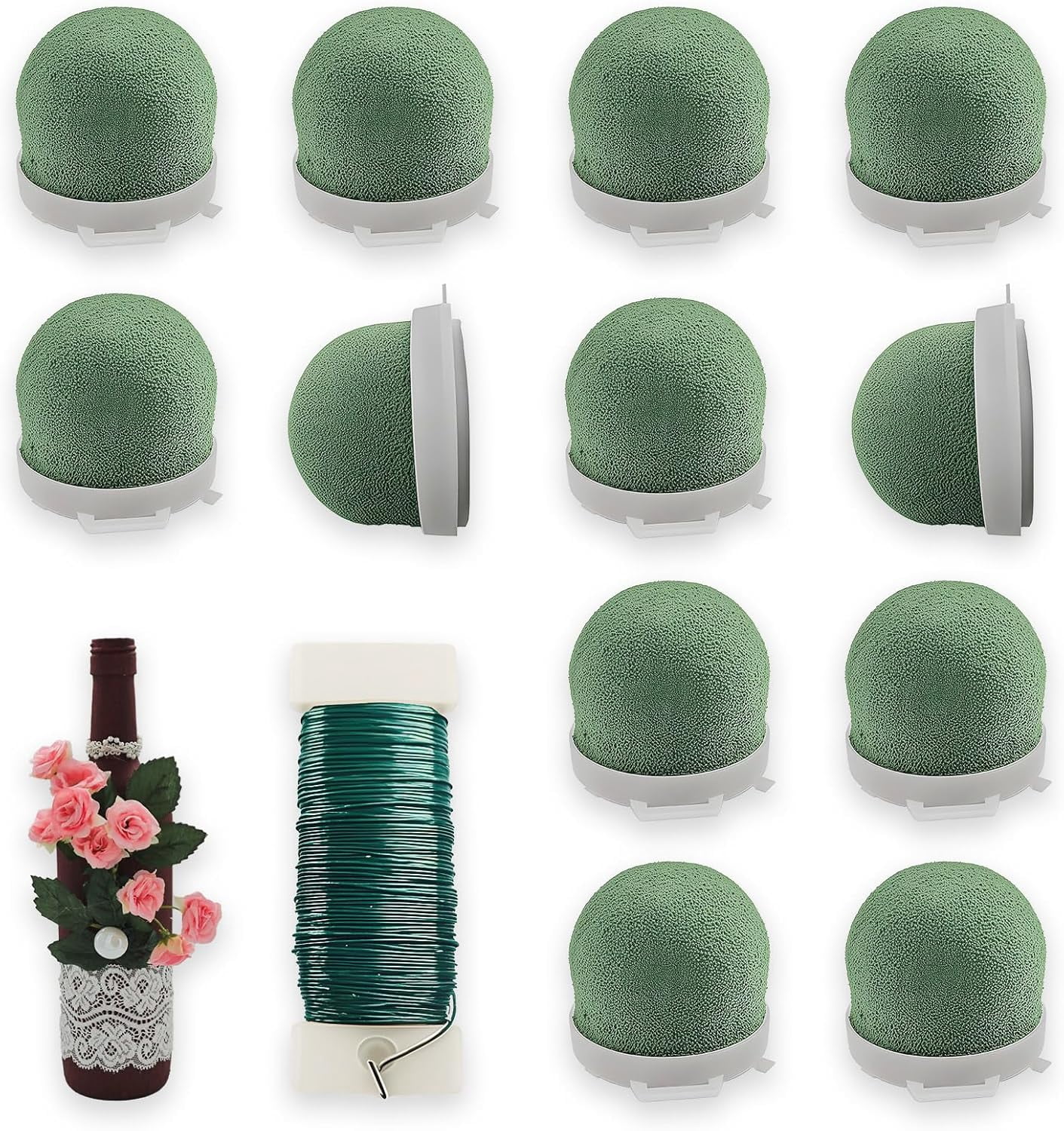 12 Pcs Mini Floral Foam Holder Floral Foam Round with 1 Roll Green Floral Wire Floral Foam Blocks for Table Wedding Wine Bottle Hat Décor
