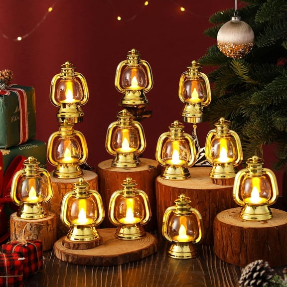 12 Pcs Mini Lantern Decor 4 Inch Western Lantern Table Centerpiece Small Vintage Camping Hanging Lamp Ornaments Bulk for Cowboy Cowgirl Wedding Halloween Christmas (4 Inch,Gold)