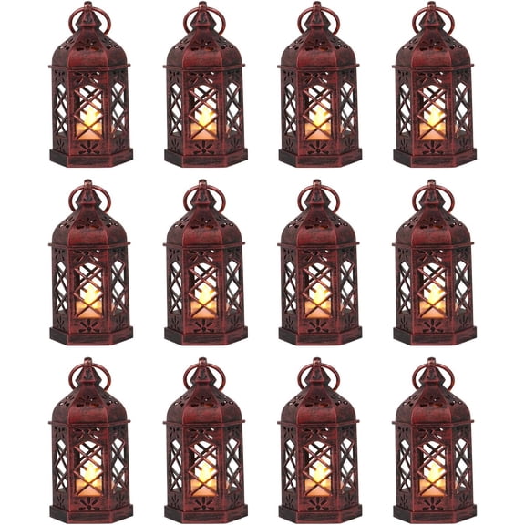 12-Pcs Mini Lanterns, Small Candle Lanterns Decorative, LED Tea Light Lantern Ramadan Decorations, Hanging Lantern, Centerpiece for Wedding Table, Battery Included(Rose Gold)