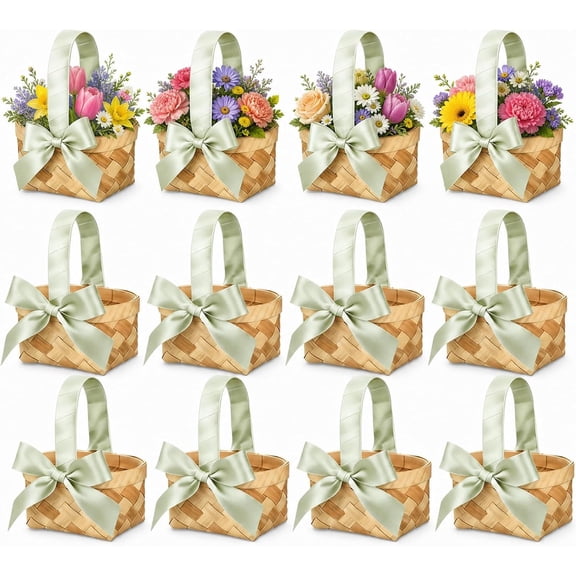 12 Pcs Mini Picnic Basket with Handle, Small Woven Wooden Baskets with Sage Green Ribbon, Rustic Decorative Baskets for Party Table Decoration and Outdoor Picnic Accessories