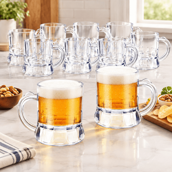 12 Pcs Mini Plastic Beer Mugs, 1 Oz Clear Plastic Shot Glasses Beer Mug with Handles, Reusable Beer Stein Tasting Glasses for Beer Fest, Birthday, Weddings, Father's Day Party Supplies