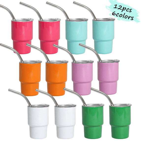 12 Pcs Mini Tumbler Shot Glass with Straw and Lid, 3oz Cute Sublimation Insulated Shot Cups Stainless Steel for Espresso Coffee Spirits, Wedding, Party Favors, Funny Gifts (6 colors)