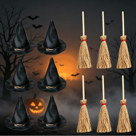 12 Pcs Mini Witch Hat with Mini Broom Set, Plastic Hats and Wooden Straw Brooms for Fall Party Craft Witches Decoration Accessory