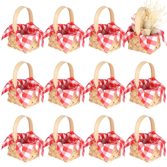 12 Pcs Mini Woven Baskets, Tiny Wood Chip Baskets with Handles & 20 Red Plaid Napkins, Tiny Rustic Flower Fruit Baskets, Ideal for Weddings, Parties, Farmhouses