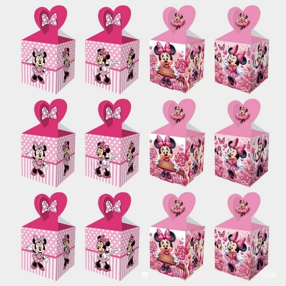 12 Pcs Minnie Party Candy Boxes for Anime Theme Birthday Party Supplies Decor, Kids Birthday Game Party Kraft Paper Gift Bag Decoration