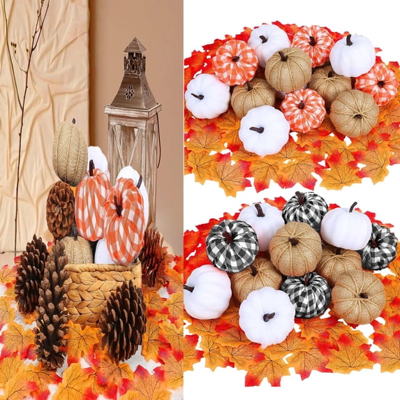 12 Pcs Mixed Artificial Pumpkins Paintable White Fake Pumpkins Plaid Fabric Pumpkins For Fall Halloween Indoor Outdoor Decor
