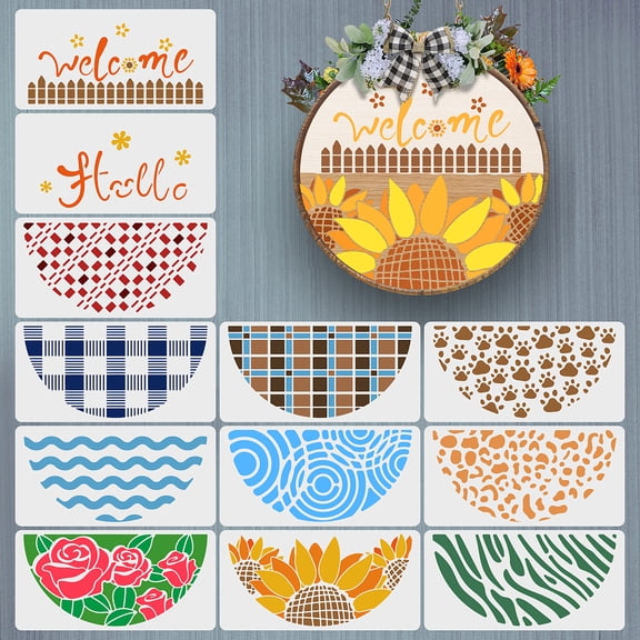 12 Pcs Mixed Pattern Painting Stencils 5.9x11.8 Inch Welcome Hello Stencils Leopard Print Flower Leaf Half Round Templates for making
