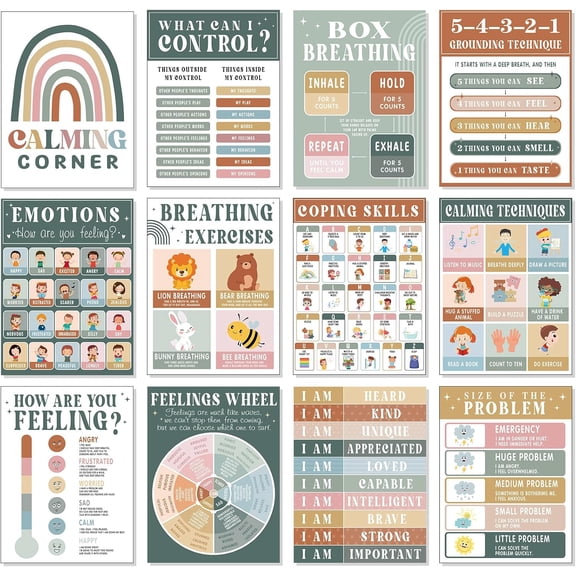12 Pcs Modern Boho Calming Corner Classroom Posters Calm Down Corner Feelings Chart Mental Health Educational Posters Emotions Coping Skills Chart for Kindergarten School Psychology Education