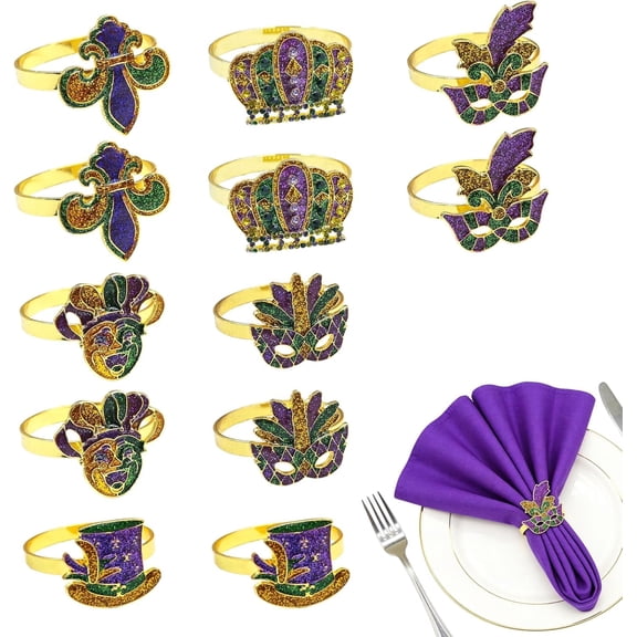 12 Pcs Napkin Rings for Mardi Gras Glitter Iris Crown Napkin Rings Round Gold Carnival Cloth Napkins Holder Ring for Masquerade Party Serviette Buckles Table Decor Setting