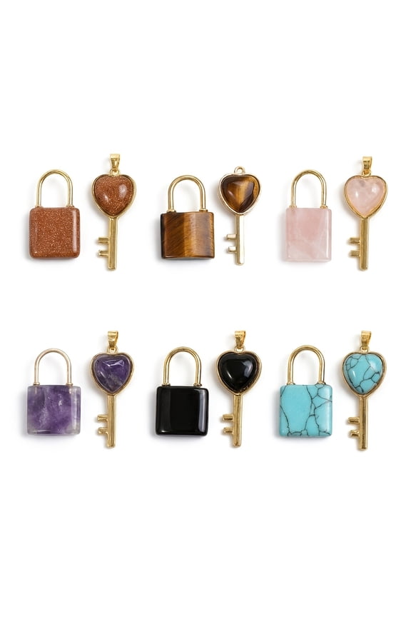 12 Pcs Natural Crystal Stone Key & Lock Set 6 Keys 6 Locks Tiger Eye Amethyst Obsidian Rose Quartz Turquoise for DIY Jewelry Making Necklace Keychain Accessories