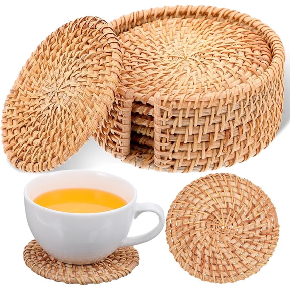 12 Pcs Natural Handmade Rattan Coasters Set with Holder, Round Reusable Drink Coasters for Table Protection, Boho Home Decor and Housewarming Gifts