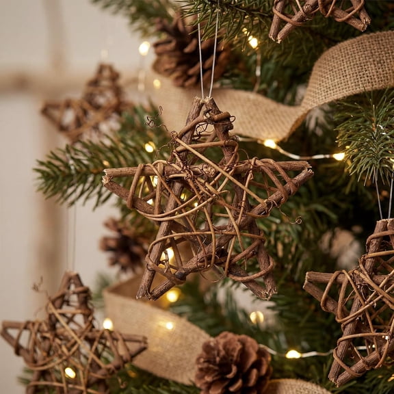 12 Pcs Natural Rattan Star Ornaments for Christmas Tree, 3.9 inch Woven Wicker 3D Star Hanging Decor for Rustic Farmhouse Boho Garlands Mantel Gifts