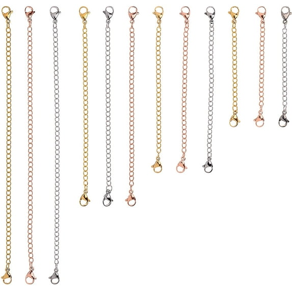 12 Pcs Necklace Extenders Stainless Steel Extender Chains Bracelet Extender Extender Chain, 4 Length, 2'' 3'' 4'' 6'' (Set of 12 Pcs, 4 Gold, 4 Silver, 4 Rose Gold)