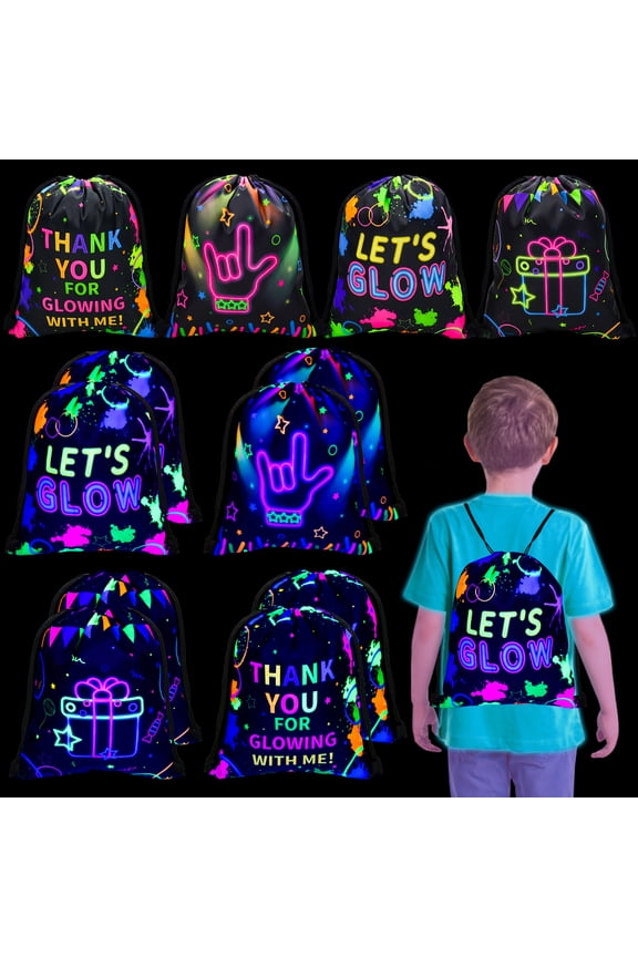 12 Pcs Neon Drawstring Gift Bags Glow Backpacks Party Decorations Glow in The Dark Party Supplies
