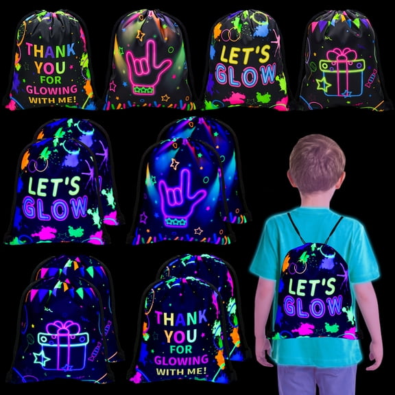 12 Pcs Neon Drawstring Gift Bags Glow Backpacks Party Decorations Glow in The Dark Party Supplies