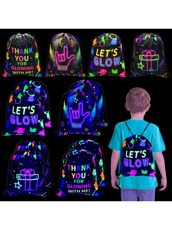 12 Pcs Neon Drawstring Gift Bags Glow Backpacks Party Decorations Glow in The Dark Party Supplies