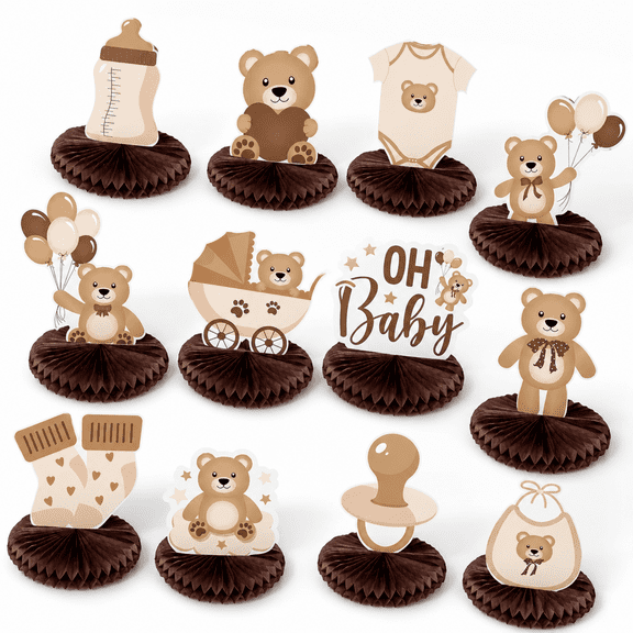 12 Pcs Neutral Cream Teddy Bear Honeycomb Centerpieces for Baby Shower Gender Reveal Birthday Party Table Decorations (Brown)