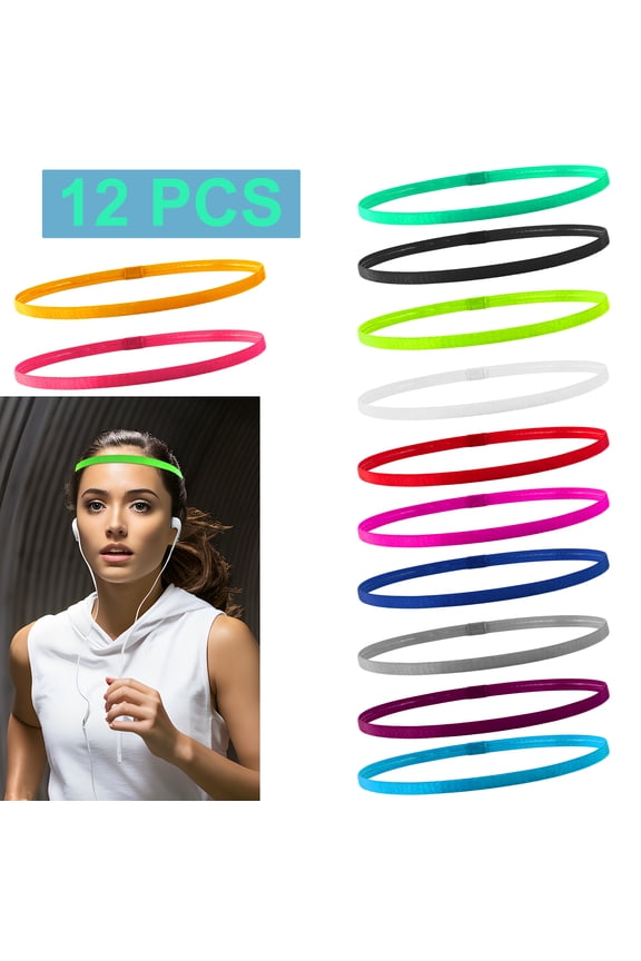 12 Pcs Non-Slip Elastic Sport Headbands, Thin Exercise Hair Bands Anti Slip Grip Elastic Rope for Men Women Football Running Workout Yoga (Multiple colors)
