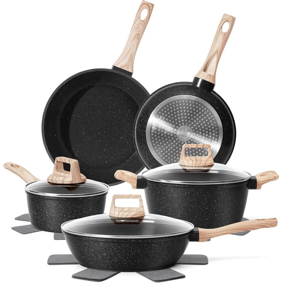 12 Pcs Nonstick Cookware Set, Black Granite Induction Pots and Pans with PFAS/PFOA  Coating