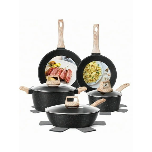 12 Pcs Nonstick Cookware Set - Induction Compatible Granite Coated Pots & Pans Kit With Frying Pans, Saucepans,Durable Aluminum Kitchen Set