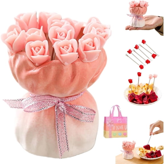 12 Pcs Novelty Artificial Rose Fruit Fork Set with Ceramic Bouquet Vase, Cute Flower Appetizer Dessert Forks for Home Kitchen Party Table Decorations & Daily Dining Z