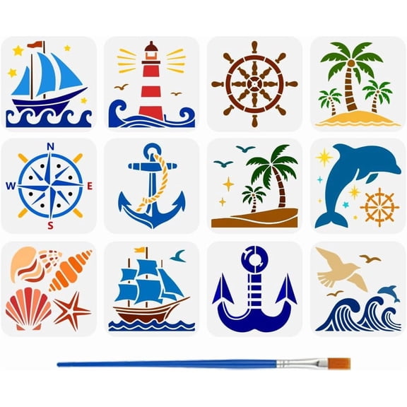 12 Pcs Ocean Motif Painting Stencil with Brush 5.9x5.9inch Boat Lighthouse Compass Anchor Drawing Template Dolphin Shell Conch Starfish Stencil DIY