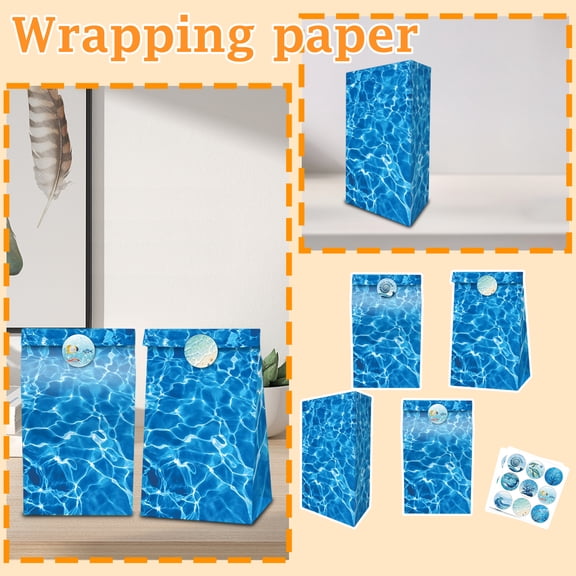12 Pcs Ocean Theme Gift Bags with Handles, Blue Wave Pattern Paper Goodie Bags for Kids Birthday Pool Party Favors, Mermaid Pirate Summer Beach Treat Candy Bag with 18 Stickers