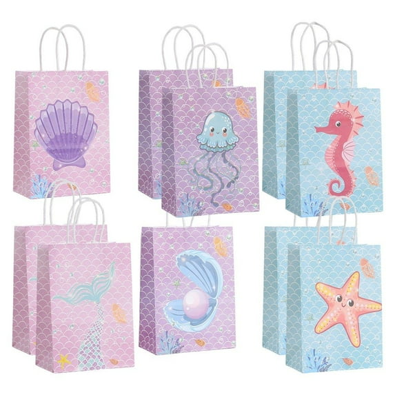 12 Pcs Ocean Theme Party Favor Bags, Underwater World Creatures Print Goodie Bags, Party Candy Bags with Handle