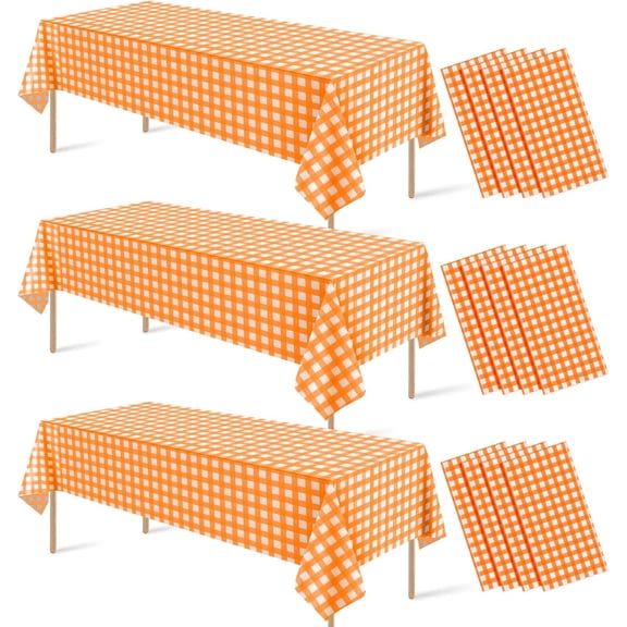 12 Pcs Orange Gingham Tablecloth Decorations, Disposable Plastic Orange and White Checkered Tablecloth Buffalo Plaid Table Cover for Autumn Thanksgiving Birthday Party Supplies,54 x 108 Inch