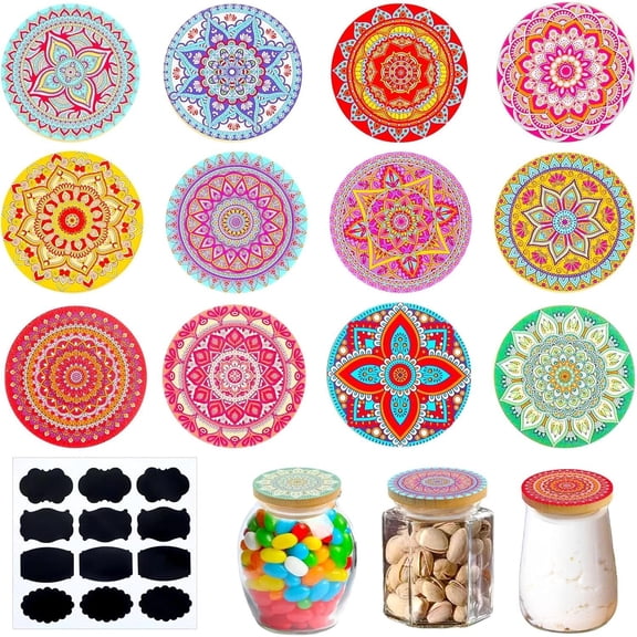 12 Pcs Oui Yogurt Jar Lids Reusable Bamboo Wooden Mandala Pattern Lids with Sili