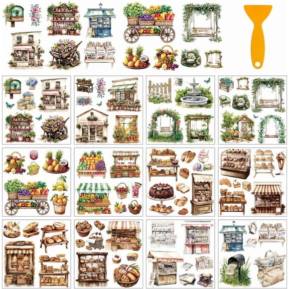 12 Pcs PVC Transfer Stickers 14cm (5.51 Inches) Square Flower Room Fruit Shop Pattern Window Transfer Sticker Set for Wall Windows Home Decor Journaling Sticker SuppliesMixed Color