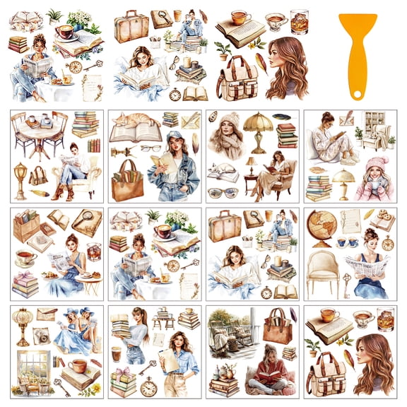 12 Pcs PVC Transfer Stickers 14cm (5.51 Inches) Square Reading Themed Scrapbook Stickers Window Transfer Sticker Set for Walls Windows Home