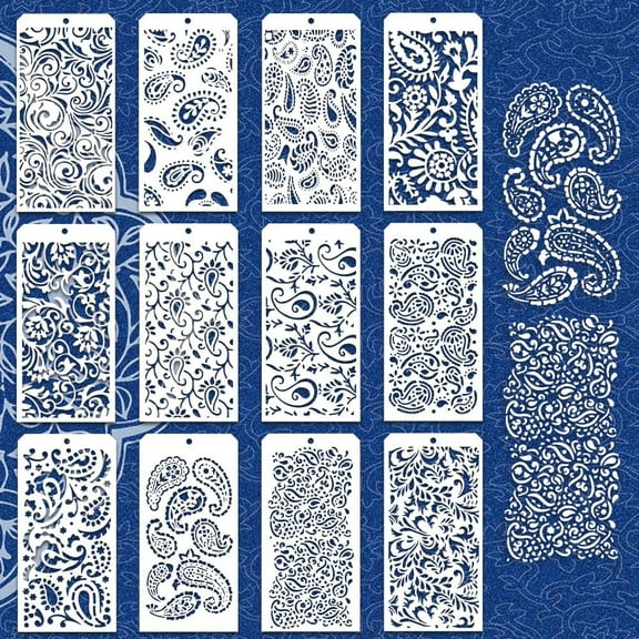 12 Pcs Paisley Element Stencils for DIY Painting 12 Styles Paisley Peacock Feathers Border Pattern Reusable Stencils Templates for DIY Painting on Furniture Scrapbook Decor