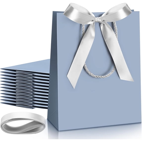 12 Pcs Paper Gift Bags with Handle 9x7x3.15'' Thank You Gift Bags with Bow Ribbon for Holiday Valentines Wedding Bridal Baby Shower Birthday Party (Dusty Blue)