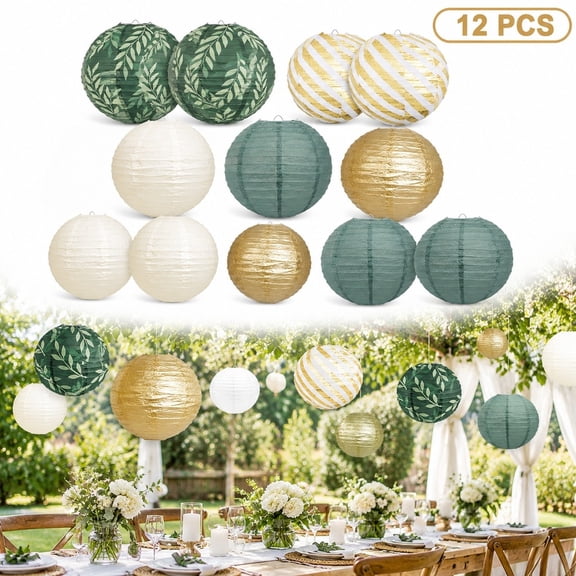12 Pcs Paper Lanterns Decorative Round Hanging Lamps Green Gold and White for Party Wedding Home