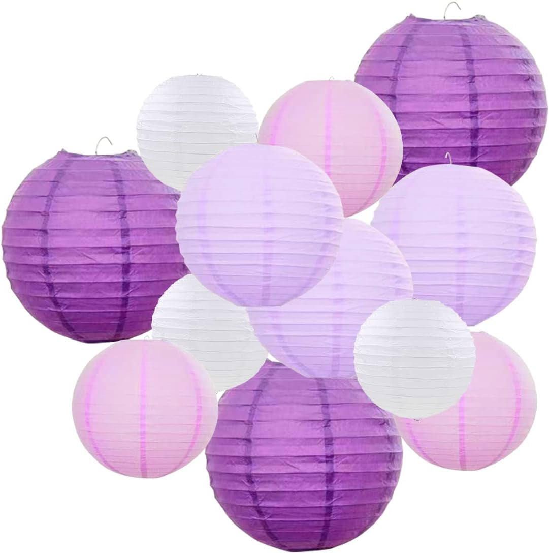 12 Pcs Paper Lanterns, Purple Chinese Hanging Paper Lanterns Decoration