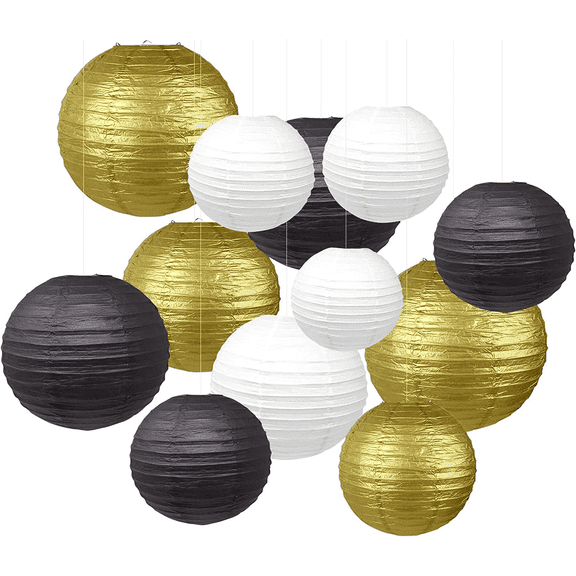 12 Pcs Paper Lanterns (Size of 6" 8" 10" 12" ) - Chinese/Japanese Paper Hanging Decorations Ball Lanterns Lamps for Home Decor, Parties, and Weddings( Black/Gold/White )