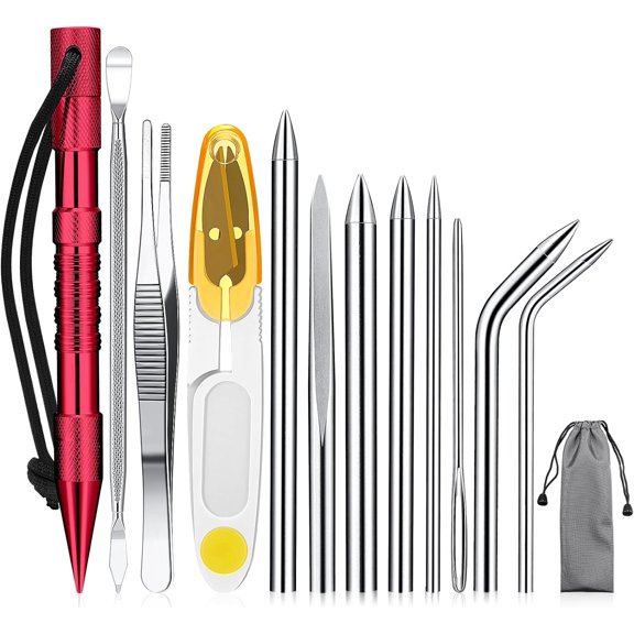 12 Pcs Paracord FID Set Stainless Steel Knotter Tools Marlinspike Set Paracord Stitching Lacing Stitching Needles and Smoothing Tool Knotter Tools for Leather or Paracord Work (Red)