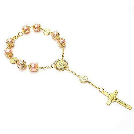 12 Pcs Pearl Bracelets Rosary for Girls With Charm Cross Catholic Baptism Christening Wedding Shower Birthday Party Favor