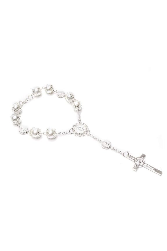 12 Pcs Pearl Bracelets Rosary for Girls With Charm Cross Catholic Baptism Christening Wedding Shower Birthday Party Favor