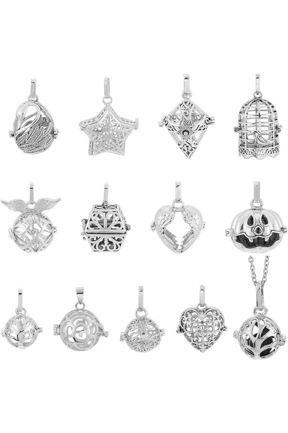 12 Pcs Pearl Cage Locket Pendants Set 12 Styles Brass Hollow Bead Cage Pendants Chime Ball Pendant Essential Oil Diffuser