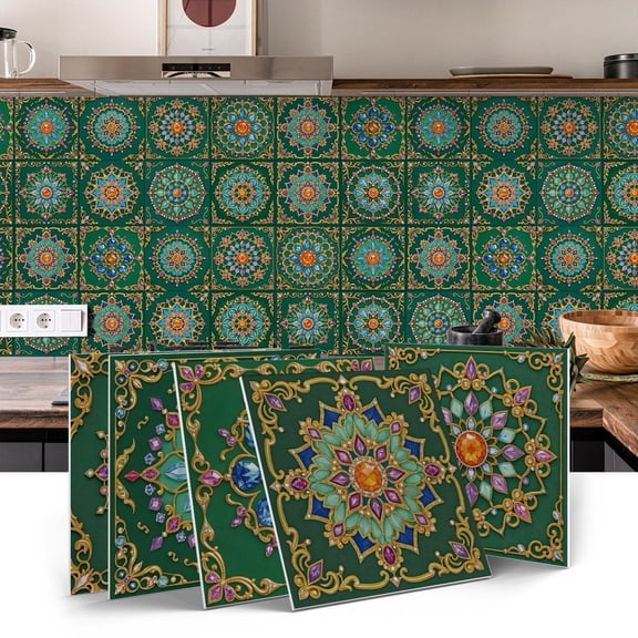 12 Pcs Peel and Stick Green Tiles Wall Stickers 5.9" x 5.9" Self Adhesive Waterproof Kitchen Backsplash Decals Floral Pattern Decoration