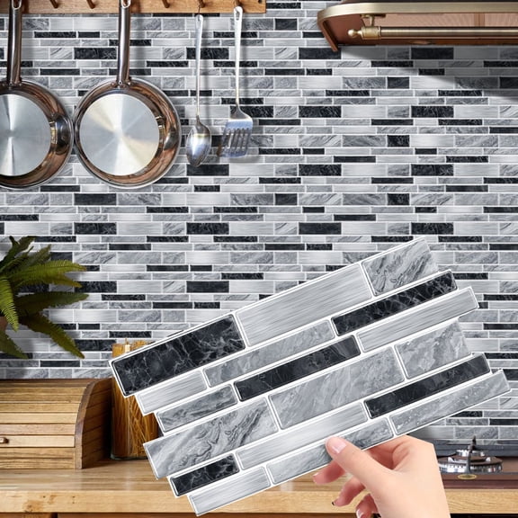 12 Pcs Peel and Stick Tiles Stickers 4.72" x 9.68" Waterproof Wall Decals Black Gray Marbling Mosaic Brick DIY Decor Kitchen Backsplash